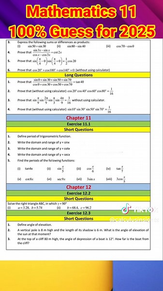 Mathematics 11 Guess Paper for 2025 Exams