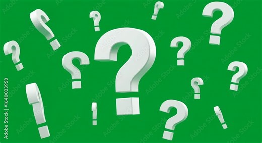 High resolution 3D question marks floating on bright green screen with clean white glossy surface, generative ai