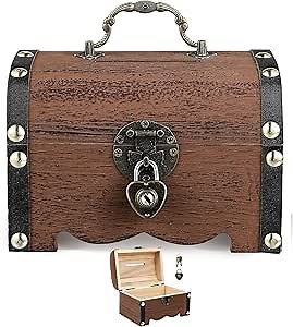 Treasure Chest with Lock and Key Vintage Pirate Chest Coin Bank Small Wooden Treasure Chest Piggy Bank Jewelry Container Decorative Box for Kids Party Favors