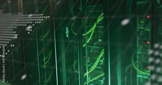 Dotted map appearing and code scrolling, camera panning, revealing data center rack green cables