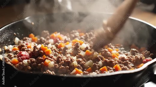 Ground beef and vegetables simmering in a cast iron skillet, close-up shot