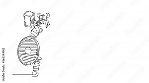 Self drawing animation of single line draw norseman viking raider barbarian wearing helmet with beard holding hammer and shield isolated white background. Continuous line draw. Full length animated