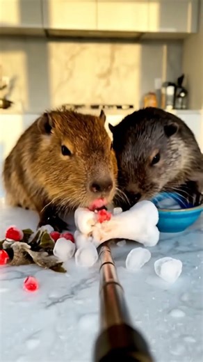 Baby Capybara & Otter Eating Ice Cold Food ASMR!