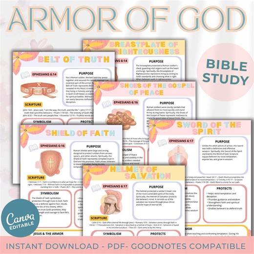 Armor of God Bible Study Worksheets, Ephesians 6 Study, Printable Christian Study Pages, Canva Editable Template, Faith Study Guide PDF