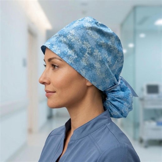 Ponytail Surgical Scrub Cap for Long Hair Nurse Uniform Hat for Operating Room Surgeon Cap - Light Blue Floral Print - Etsy
