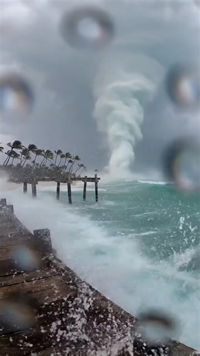 Palm trees sway violently as a massive water tornado twists near the shoreline, churning the ocean into a spiraling frenzy. The sky darkens as clouds swirl above, and waves crash with deafening force, capturing the raw power of nature. #earthimpacts #klingai #storm #watertornado #extremenature #tropicalstorm #naturedisaster #amateurfootage #wildweather #surrealstorm | Earth Impacts