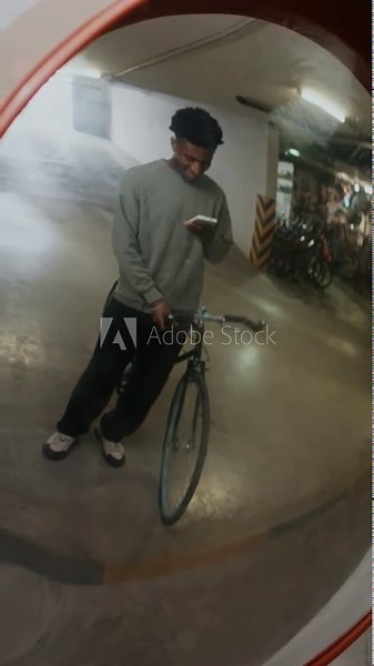 Vertical of gen Z Black guy taking mirror selfie with his bicycle on smartphone in parking garage