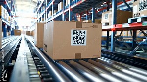 Within the high-tech confines of a distribution center, conveyor belts transport cardboard boxes labeled with QR codes to automated sorting stations, highlighting the efficiency