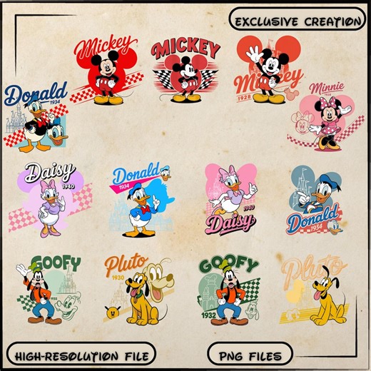 Retro Disney Characters PNG Bundle, Mickey Minnie Donald Daisy Pluto Goofy Clipart, Vintage Cartoon Sublimation, Cricut Shirt Design - Etsy Australia