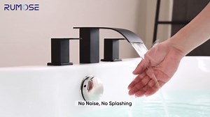 RUMOSE Matte Black Roman Bathtub Faucet Set Waterfall Tub Faucets High Flow Widespread 6-16 Inch 3 Holes Deck Mount Tub Filler 2 Handles Bathtub Filler Soaking Bath Faucet