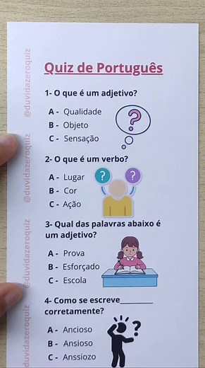 Quiz de Português: Adjetivos e Verbos