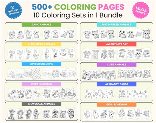 Mega Coloring Pages Bundle for Kids 500+ Easy Coloring Pages | Animals, Unicorns, Alphabet, Holiday & More | Toddler Preschool Printable PDF - Etsy