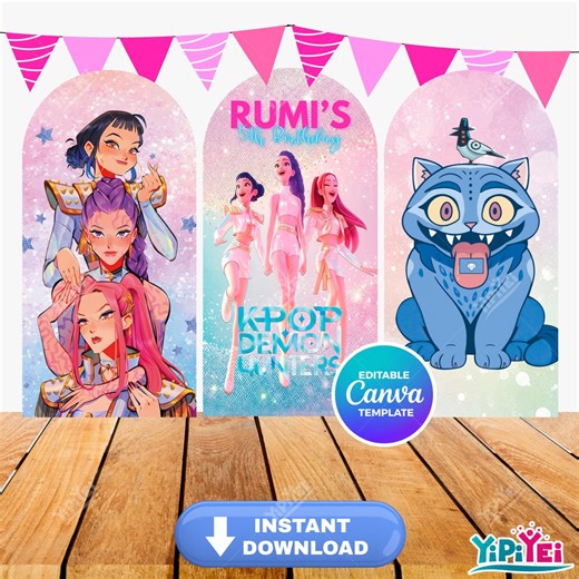 KPOP Demon Hunters Backdrop Set – 3 Editable Canva Templates – Girls Kpop Party Decoration – Digital Download – Birthday Arch Panel - Etsy