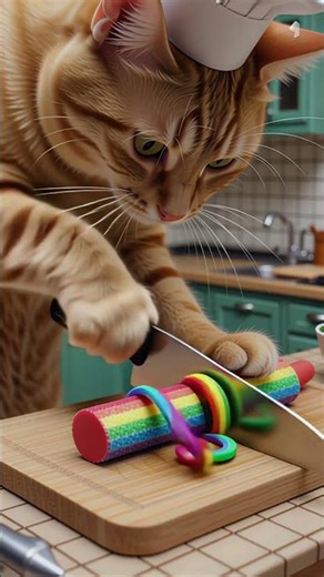 Orange Cat Chef Cutting Rainbow Crayon 🌈🐱 | Satisfying ASMR #Shorts #CatASMR #catchef