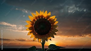 Video animation of single sunflower against a sunset sky. The sunflower is in focus and stands out with its bright yellow petals