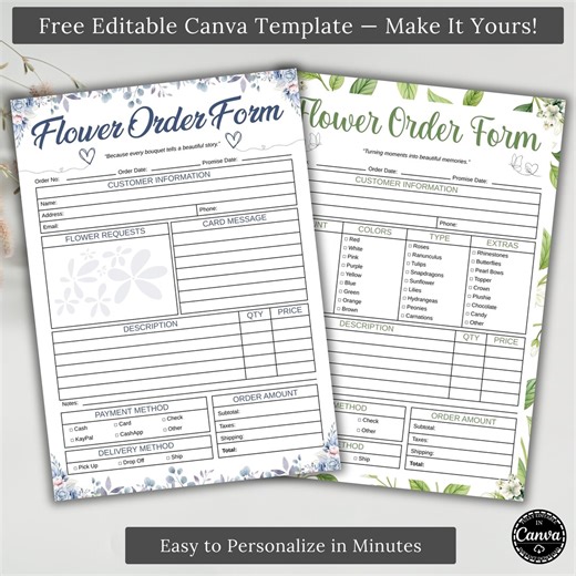 Flower Order Form Canva Template, Florist Order Sheet Printable, Bouquet Customization Form, Customer Order Tracker, Digital Download - Etsy