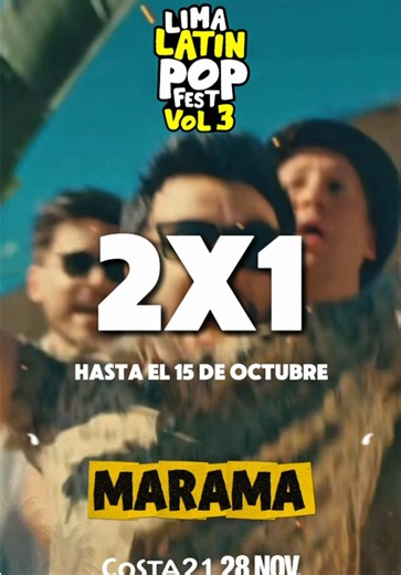 🚨 ¡LATIN DAYS 2x1 SOLO HASTA EL 15/10! 😍🚨 ¡No te quedes fuera de la fiesta de Latin Pop más grande del Perú! ❤️‍🔥 🎤 Marama 🇺🇾 Dragón y Caballero 🇨🇴 Lil Silvio & El Vega 🇨🇴 Joey Montana 🇵🇦 Pasabordo 🇪🇨 Rocko y Blasty 🇪🇨 Bacanos 🇻🇪 🚨 ¡Aprovecha el 2x1 con cualquier metodo de pago! 💳 🎟️ 2x1 por la web de Teleticket y/o puntos de venta fisica. 📅 28 de noviembre 📍 Costa 21 - San Miguel