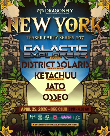 🗽 NYC Psytrance Event 🗽 Don’t miss this massive Psytrance event going down this April at B66 Club! 🔥👽 Get ready for a night of pure energy and psychedelic vibes. As part of the Dragonfly Festival teaser series, we gather in NYC for a night dedicated to psychedelic soundscapes. Psytrance pioneers Galactic Explorers and District Solaris will take the stage, joined by standout talents from the US psytrance scene: Ketachuu, Jato, and Osseo. This special night is a collaboration between Evening S