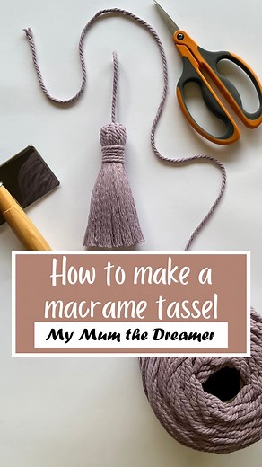 How to make a macrame tassel: I made this mainly using offcuts of 3mm, 3-ply lavender recycled cord I already had…but I did have to cut a few extra pieces to make up the right numbers of cords 1. Fold a 60cm cord in half and tie an overhand knot so that a loop is formed. 2. Lay 20 x (approx. 28cm - 32cm cords) out on a flat surface so the middle of each cord is centred. 3. Work out where the centre of the 20 cords is and move down a couple of centimetres. Place the overhand knot of the looped co