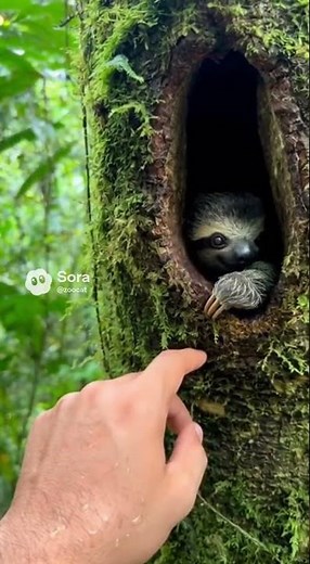 🦥 Sloth Baby Slowly Peeks From the Tree Opening After Two Soft Knocks