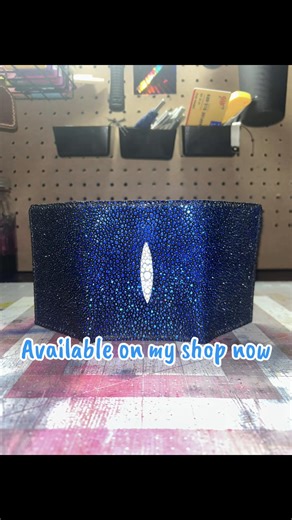 Stingray Leather trifold wallet. Stingray leather with a midnight blue vegtan inner panel held together with black stitching. On my shop! #leathercraft #stingray #exotic #wallet #leather
