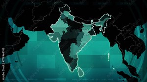 Animated Map Of India Showing Political Country Map With Divisions. India Map With Federal States, Airports, Routes And Highways Appearing. Detailed