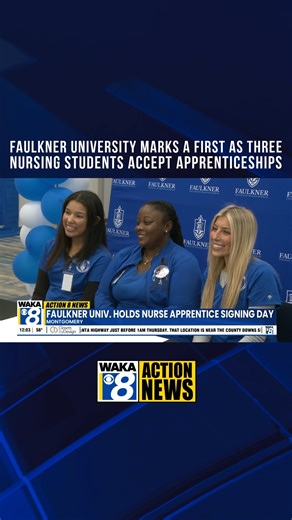 WAKA News on Instagram: "Faulkner University celebrates a milestone as three nursing students sign on for apprenticeships. Yesterday marked the first nurse apprenticeship signing day since Faulkner began its nursing program. The students were chosen for Alabama’s competitive student nurse apprentice pathway, which provides nursing students with paid, on-the-job clinical learning experiences. The three students were accepted by Baptist Health in Montgomery and Vaughan Regional Medical Center in S