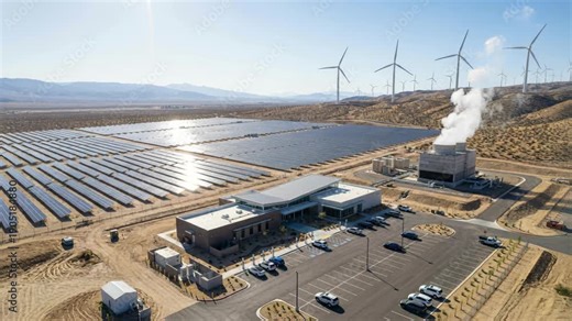 Modern solar farm with wind turbine array technology powering renewable energy plant and solar panel array wind turbine landscape driving power plant