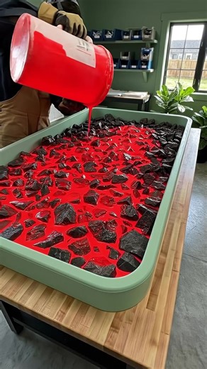 Epic Red & Black Epoxy Table DIY The pour on this custom epoxy rock table is incredibly satisfying! 🤯 The color contrast is unreal. Rate the final result from 1-10! 👇 #epoxytable #resinart #diy #satisfying #epoxypour