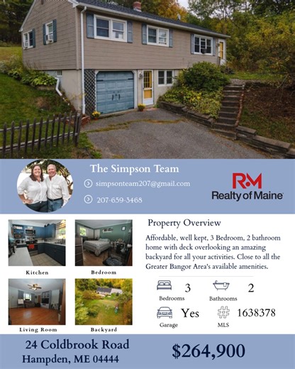 Featured Listing with The Simpson Team- Realty of Maine 🏡 Affordable, well kept, 3 Bedroom, 2 bathroom home with deck overlooking an amazing backyard for all your activities. Close to all the Greater Bangor Area's available amenities. #RealtyofMaine #homeforsale #hampdenmaine #househunters #mainerealestate | Realty of Maine