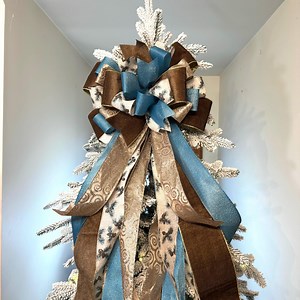 Elegant Brown, Blue & Cream Christmas Tree Topper Bow – Luxury Holiday Ribbon Décor - Etsy