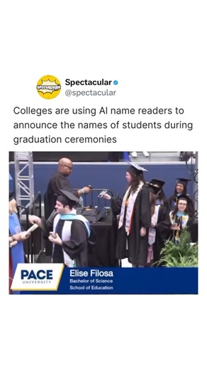 Spectacular on Instagram: "Colleges are increasingly using AI-powered name readers to announce students’ names during graduation ceremonies. These systems are designed to accurately pronounce a wide range of names, helping to make the event more inclusive and efficient. By reducing mispronunciations and easing the workload on announcers, AI name readers enhance the overall experience for graduates and their families. Video: @paceuniversity #ai #college #learn #facts #reels"