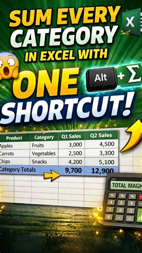 MS Office Shortcuts on Instagram: "😲 Sum Every Category in Excel with ONE Shortcut – Total Magic! ⚡📊 Description: #ExcelTips #KeyboardShortcuts #ExcelHack #ProductivityTools #OfficeHacks WorkSmarter ExcelTricks You don’t need to calculate category totals one by one anymore. This simple Excel keyboard shortcut lets you sum all categories in a table at the same time, in just one click. Perfect for sales data, reports, dashboards, and daily office work. Works great for students, professionals, an