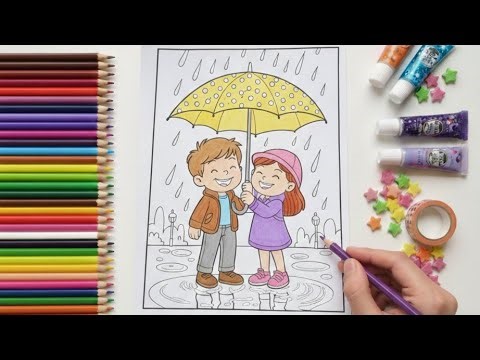 COLORING CUTE CHILDREN PLAYING IN THE RAIN #rainyday #coloringpages