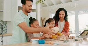 Laptop, dough and family baking in a kitchen together with parents teaching their girl children about food. Computer, recipe or ingredients with kids learning how to cook from a playful mom and dad