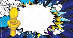 Cartoon Flush Toilet with blank speech bubble, comic book Restroom video. Retro comics pop art animation.
