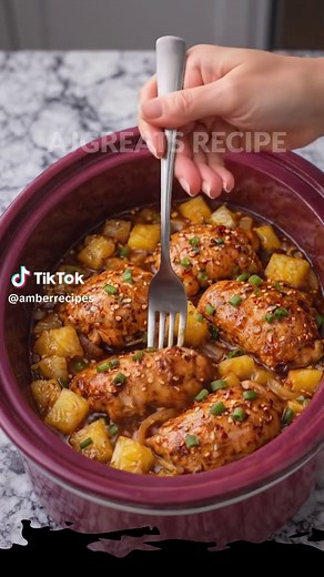 Slow Cooker Brown Sugar Pineapple Chicken Ingredients 1.5 – 2 lbs boneless skinless chicken thighs 2 cups pineapple chunks fresh or canned in juice 1/2 cup brown sugar packed 1/3 cup soy sauce low sodium preferred 1/2 medium yellow onion sliced 2 cloves garlic minced 1 tsp fresh ginger grated Garnish: Sliced green onions and toasted sesame seeds Method Prep: Place the chicken thighs in a single layer at the bottom of the slow cooker. Top with the pineapple chunks and sliced onions. Sauce: In a s