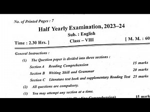 CLASS-8 ENGLISH / Half Yearly Exam Question Paper / CBSE / KV Kendriya Vidyalaya Students