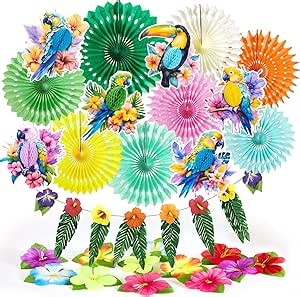 Tropical Party Decorations, Hawaiian Party Decor, with Paper Parrots Honeycombs and Hibiscus Flower Banner, Party Tissue Paper Pompoms for Summer Luau Tiki Jungle Themed Decorations