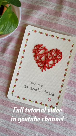 🧶 Bhuvana | Handmade Gifts & Decor on Instagram: "DIY Valentine’s Day Heart Embroidery Greeting Card ❤️ Make a cute handmade card for your loved ones! Step by step tutorial available in youtube channel link is in bio ☝️ Learn how to make a beautiful heart embroidery greeting card for Valentine’s Day! 🥰 Step by step tutorial to create a handmade card with love. Perfect gift for your loved ones! Materials you need: - Cardstock / 300 GSM paper - Foam sheet - Needle & yarn - Paper cutter & ruler -