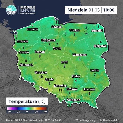 Prognoza temperatury powietrza na 8 godzin (Model INCA) Prognoza pogody i aktualne ostrzeżenia meteorologiczne i hydrologiczne: https://meteo.imgw.pl/ #pogoda #imgw #prognoza | Instytut Meteorologii i Gospodarki Wodnej - IMGW PIB