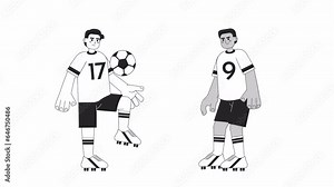 Soccer players practice bw cartoon animation. Boys playing sports 4K video motion graphic. Football athlete kicking ball with knee 2D monochrome line animated characters isolated on white background Stock Video