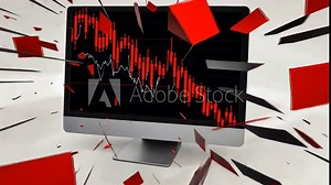 Broken computer monitor with shattered screen displays financial stock market crash with a red downward trend line. Concept of financial crisis, stock market decline and economic instability