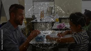 Teacher placing blue counting bead box during education, guiding student counting and writing