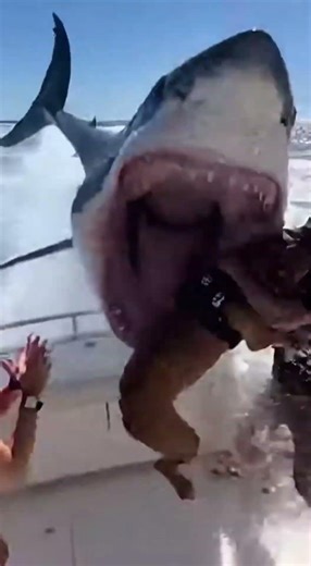 Great White Shark Jumps for the Dog on a Fishing Boat🦈😱