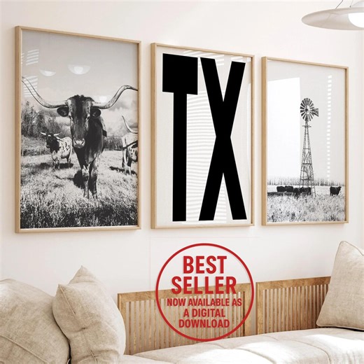 Texas Longhorn and Windmill Poster Set – Black and White Western Digital Download Wall Art - Etsy