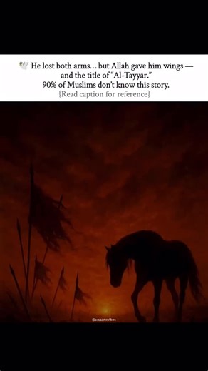 𝐒𝐞𝐫𝐯𝐚𝐧𝐭 𝐨𝐟 𝐀𝐥𝐥𝐚𝐡 🕊️ on Instagram‎: "⚔️ In the Battle of Mu’tah, "Ja’far ibn Abi Ṭālib (رضي الله عنه)" , the cousin of the Prophet ﷺ , fought bravely for Islam. 🍃 When his right arm was cut off, he held the flag with his left. When his left was cut, he held it with the stumps of his arms , refusing to let it fall. ✨ He was martyred that day, and the Prophet ﷺ said: “Allah has replaced his two arms with wings in Paradise, and he flies wherever he wishes.” — (Sahih al-Bukhari, 3709)