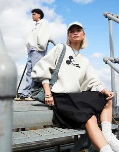 ASOS DESIGN Disney unisex extreme oversized scuba-style fabric sweatshirt with Mickey Mouse & Pluto print in grey marl | ASOS