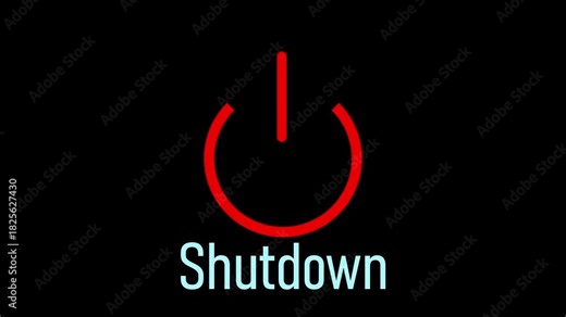 Animated red power button with "Shutdown" symbol, perfect for computer systems, tech dashboards, and UI visuals. Red Power Button Symbol with " Shutdown" Text on Black Background .