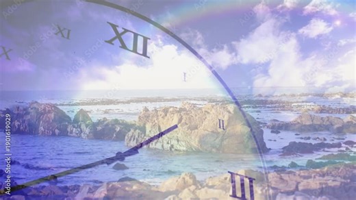 Clock overlay appearing on rocky coast, minute hand sweeping, hour hand shifting, visualizing time